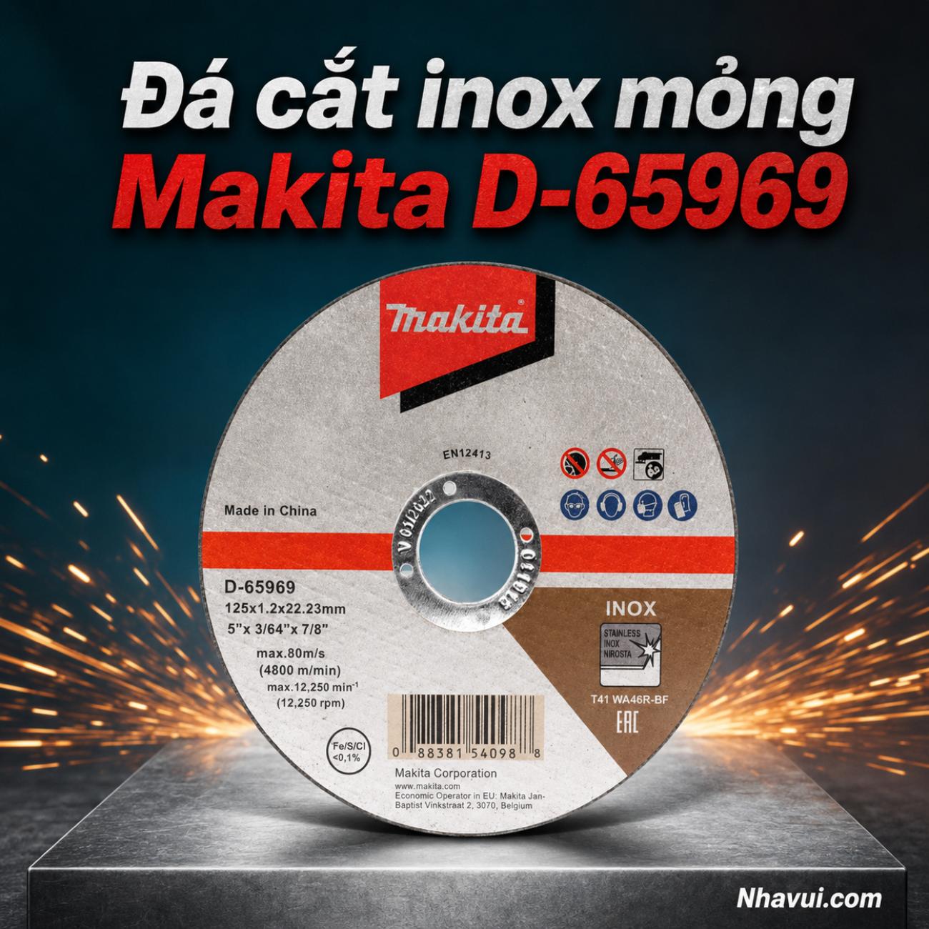 Đá cắt inox mỏng Makita D-65969 kích thước 125x1,2x22,23mm