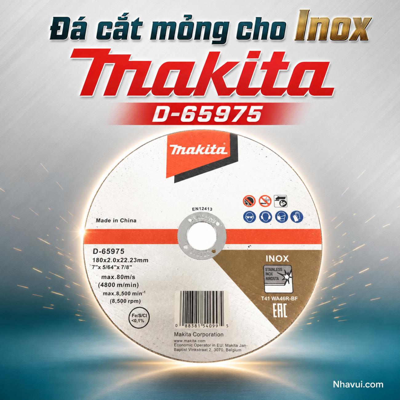 Đá cắt mỏng cho inox kích thước 180x2.0x22.23mm Makita D-65975,