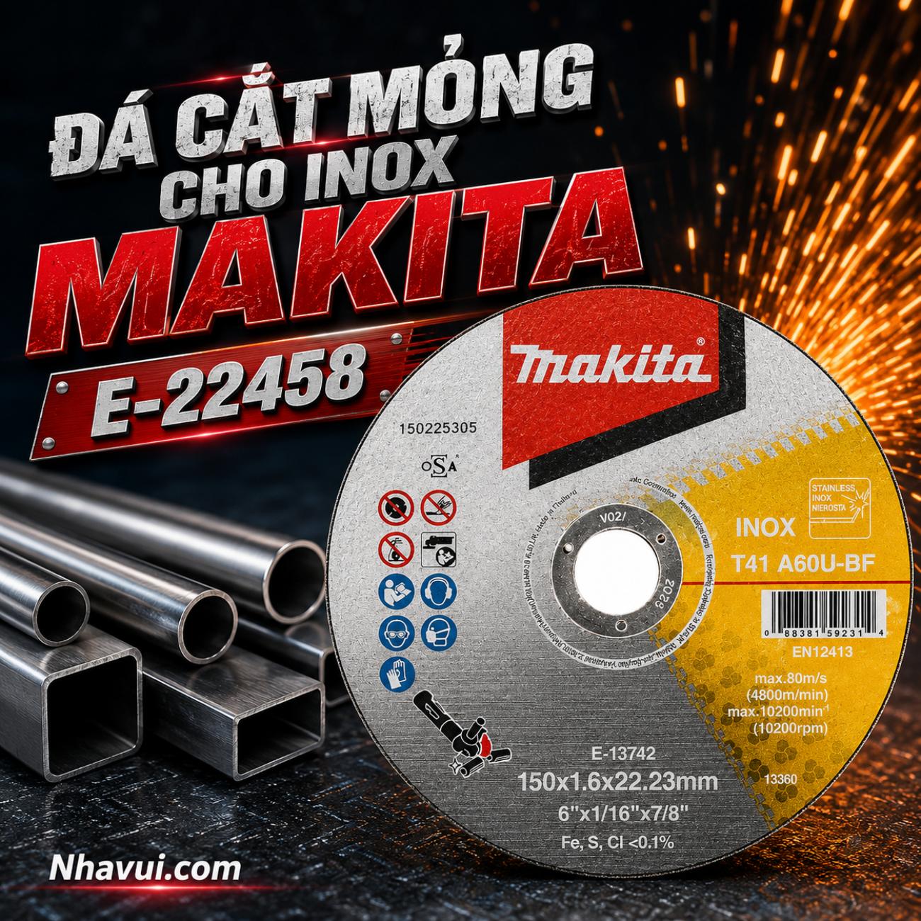 Đá cắt mỏng inox Makita E-22458 kích thước 150x1,6x22,23mm