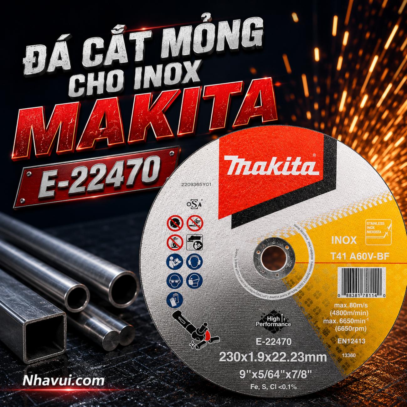 Đá cắt mỏng inox Makita E-22470 kích thước  230x1,9x22,23mm