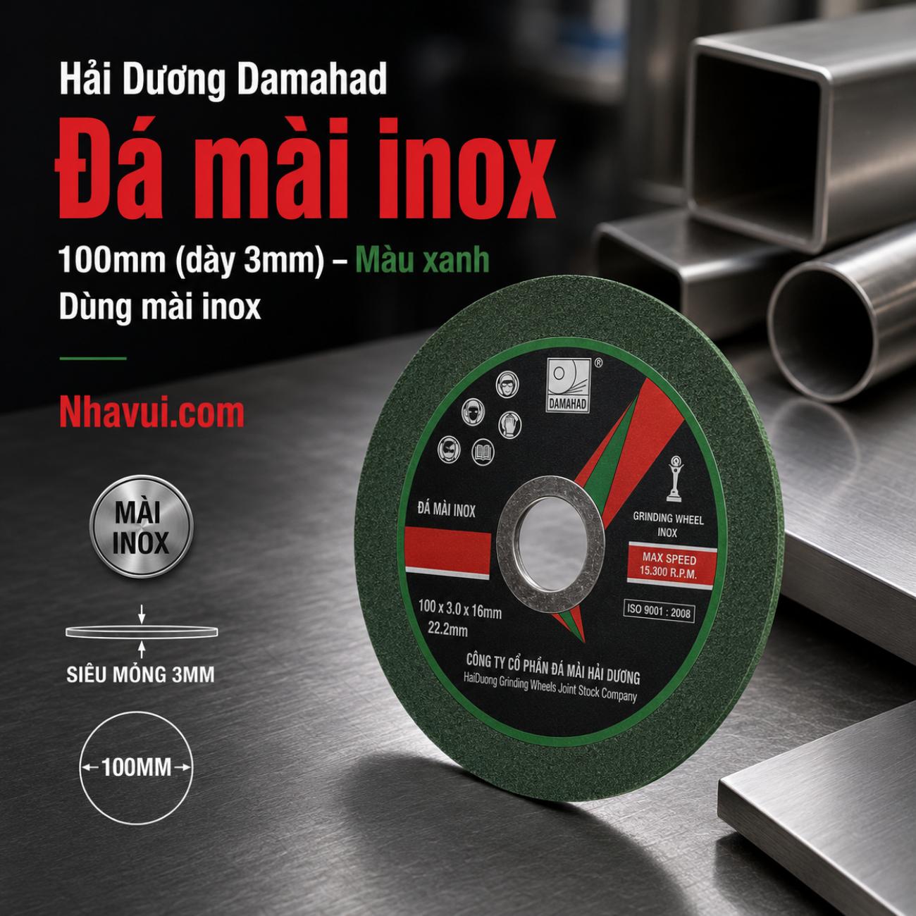 Đá mài inox Hải Dương Damahad 100mm (dày 3mm, xanh)