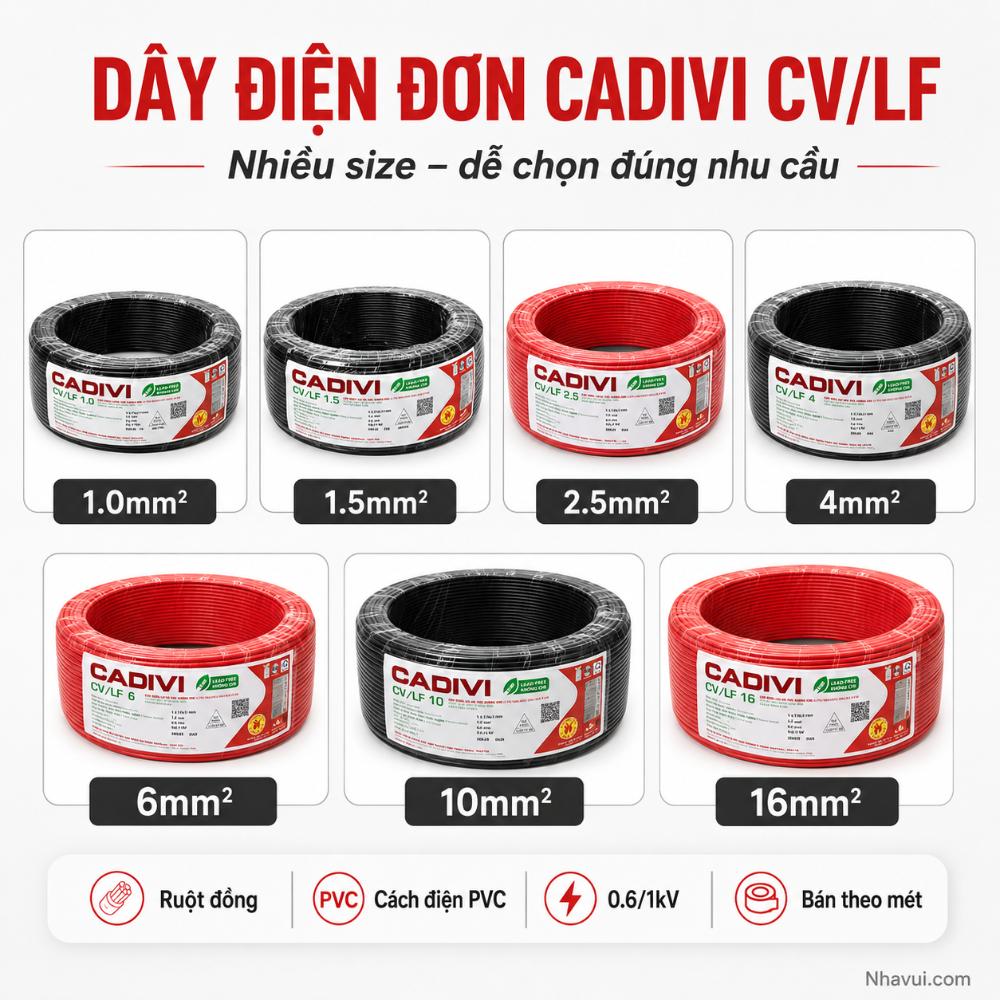 Dây điện đơn CADIVI CV/LF ruột đồng cách điện PVC 0.6/1kV cuộn 100m