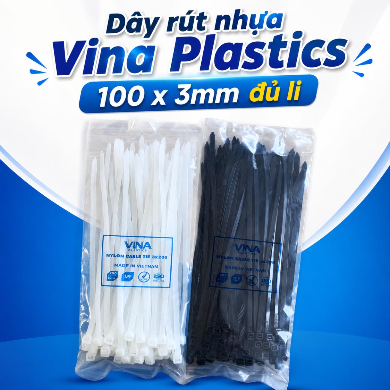 Dây rút nhựa Vina Plastics 100 x 3mm đủ li màu trắng đen