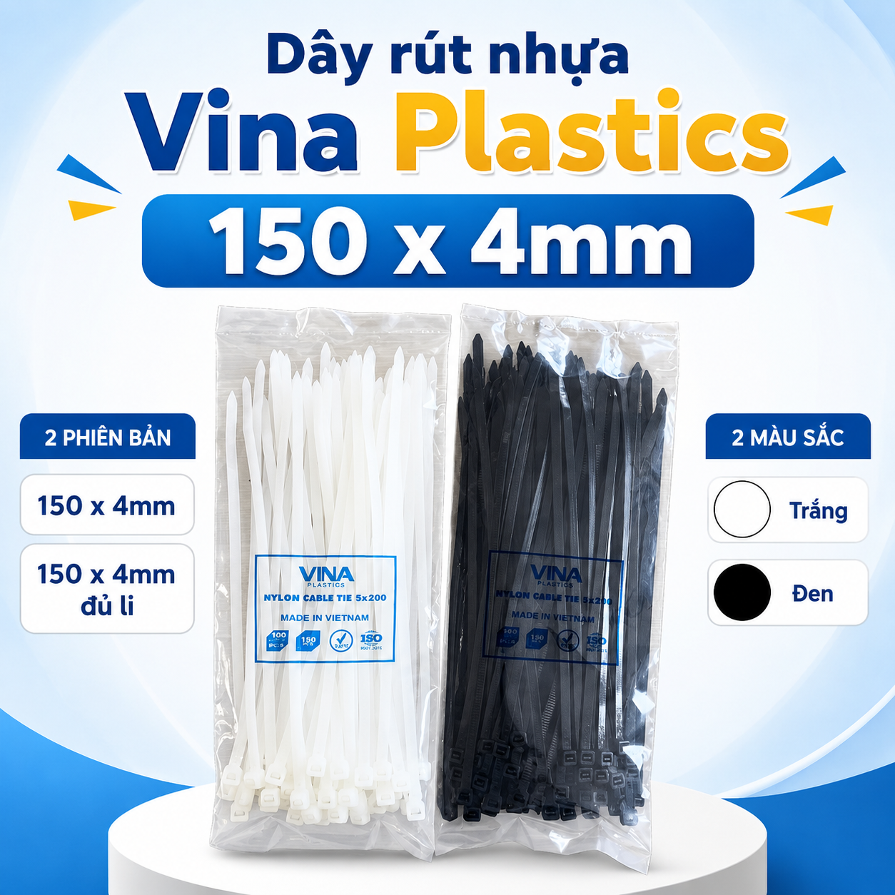Dây rút nhựa Vina Plastics 150 x 4mm màu trắng đen