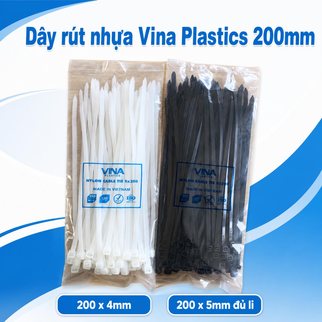 Dây rút nhựa Vina Plastics 200 x 4mm và 200 x 5mm màu trắng