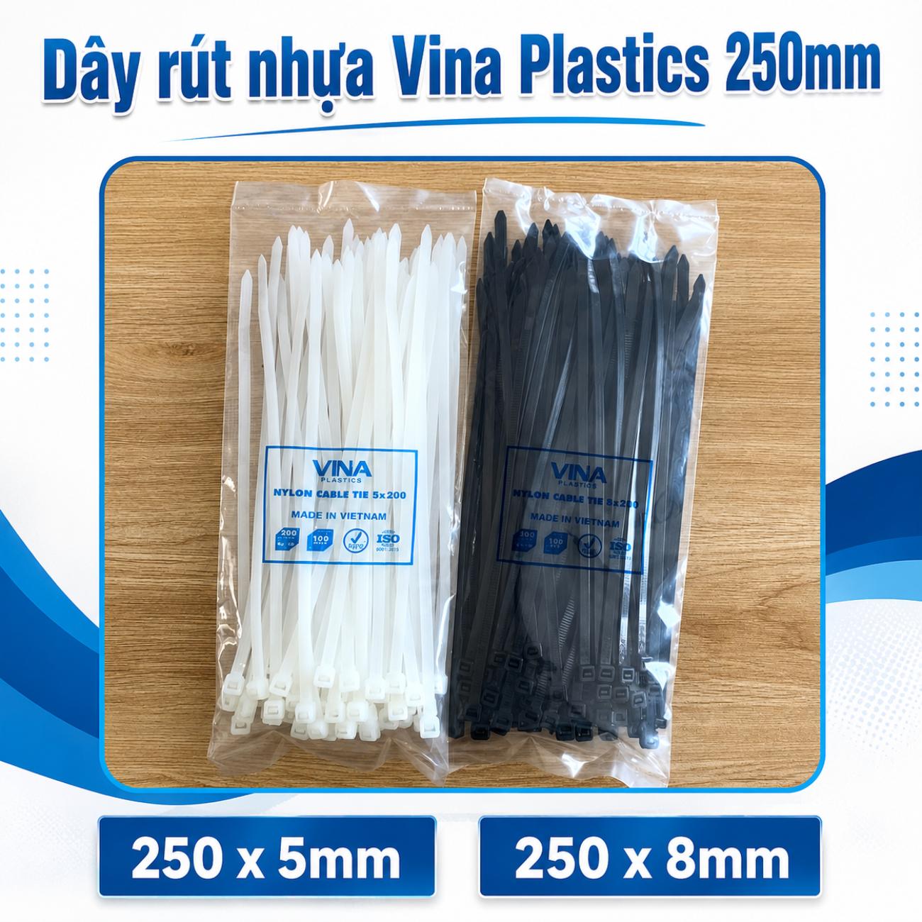 Dây rút nhựa Vina Plastics 250 x 5mm và 250 x 8mm màu trắng đen