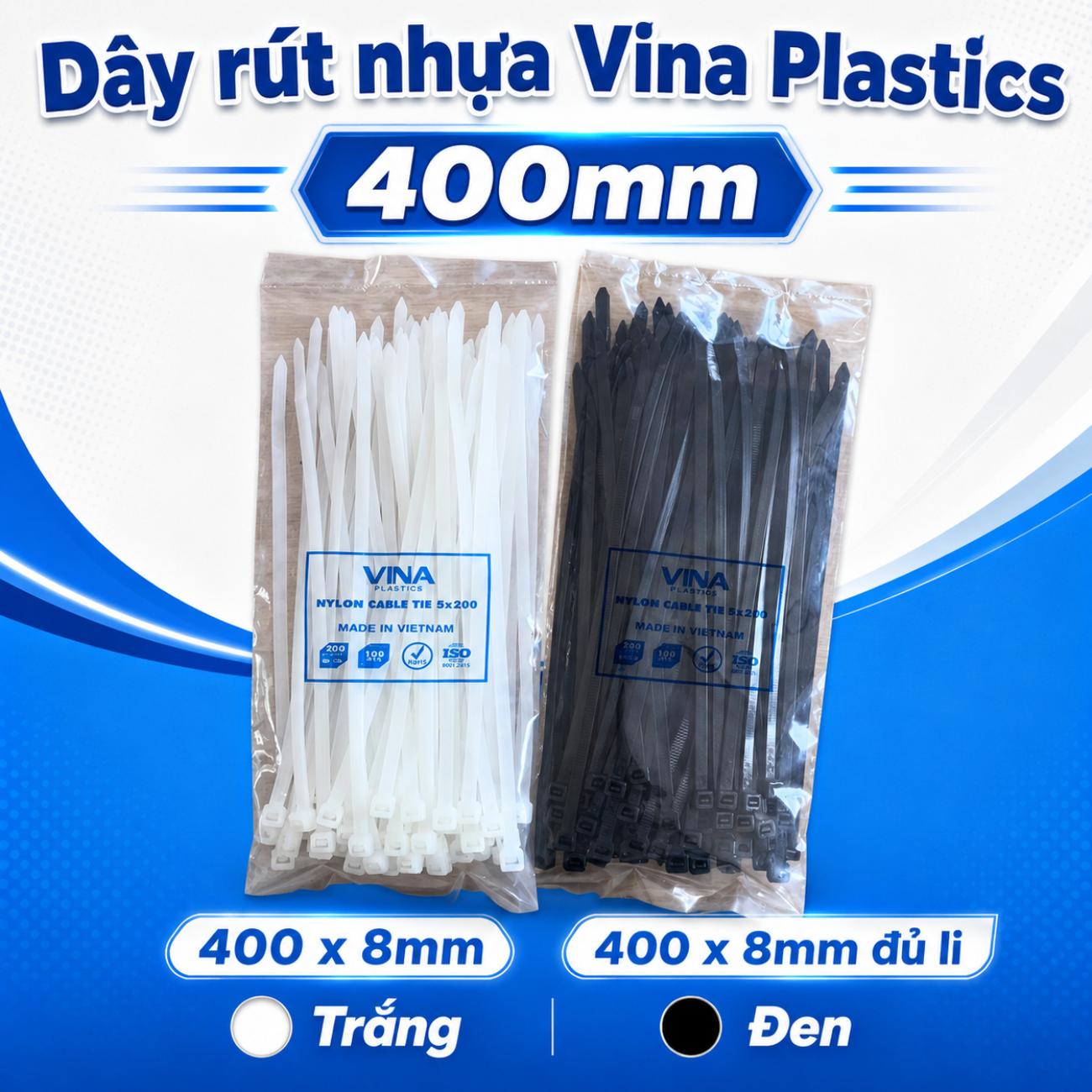 Dây rút nhựa Vina Plastics 400 x 4,8mm và 400 x 7,6mm đủ li màu trắng đen