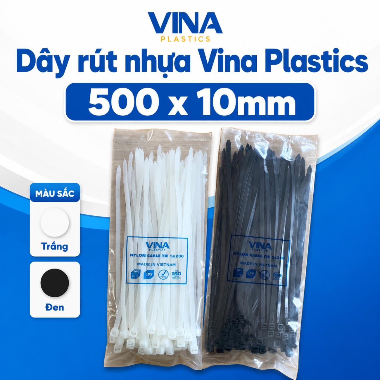 Dây rút nhựa Vina Plastics 500 x 10mm màu trắng đen