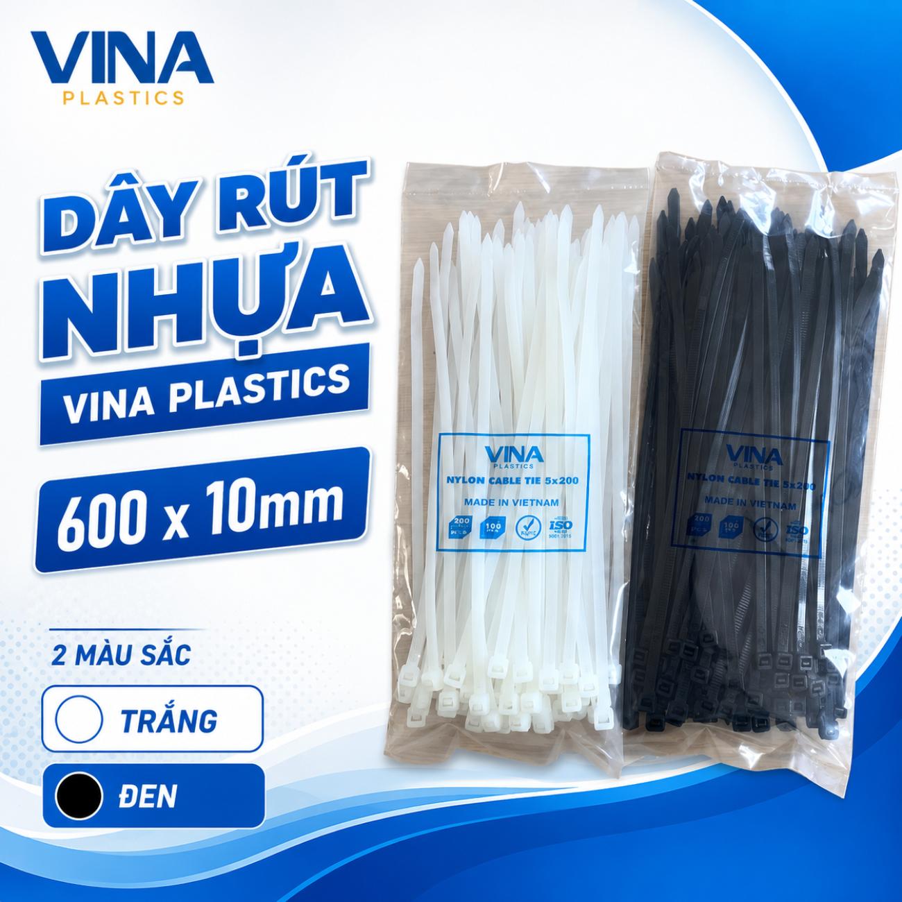 Dây rút nhựa Vina Plastics 600 x 10mm màu trắng đen
