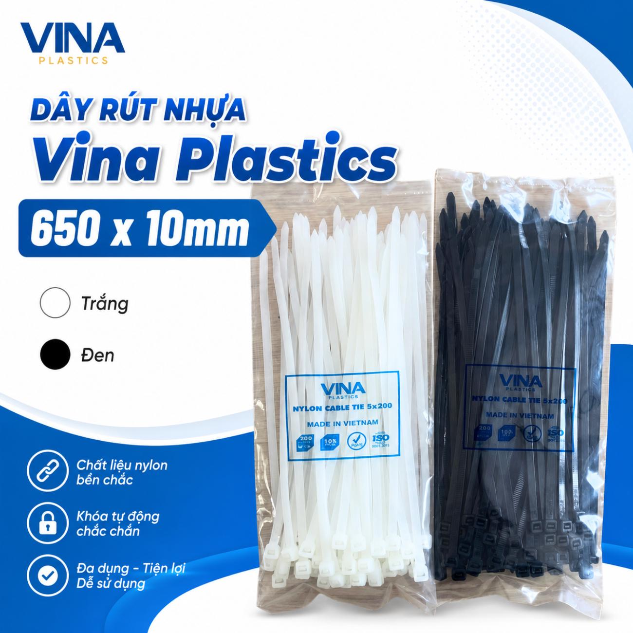 Dây rút nhựa Vina Plastics 650 x 10mm màu trắng đen