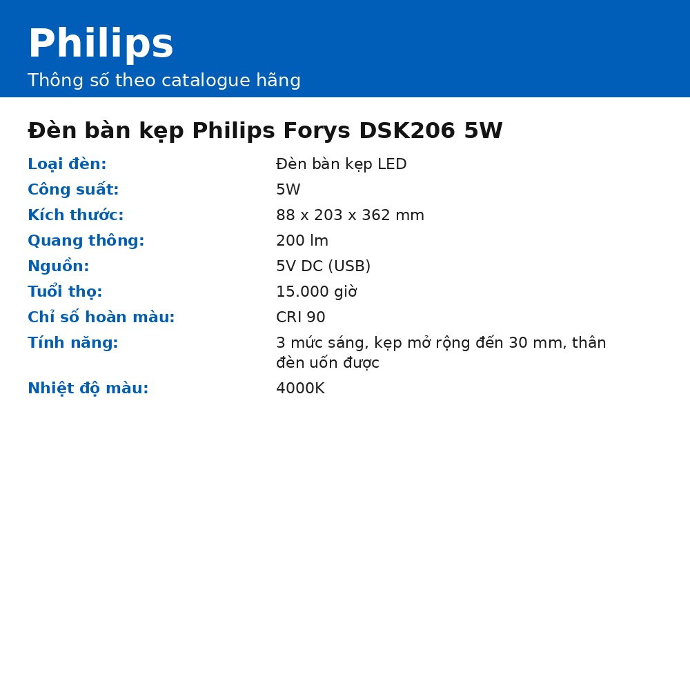 Đèn bàn kẹp Philips Forys DSK206 5W chính hãng