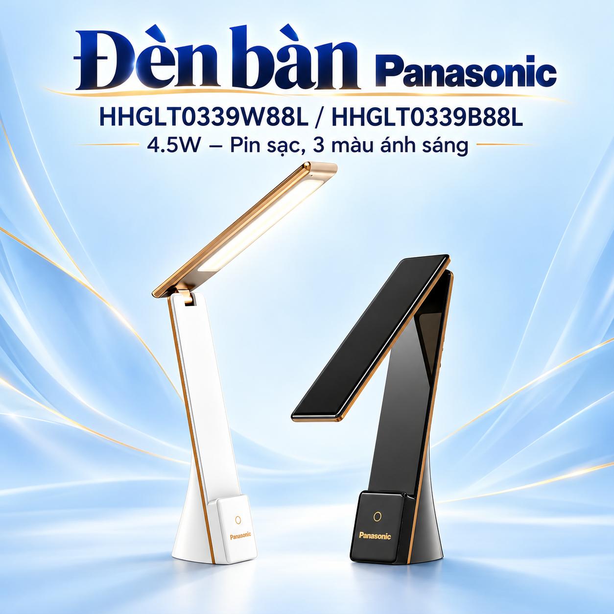 Đèn bàn LED Panasonic 4.5W pin sạc, 3 màu ánh sáng – Trắng và đen