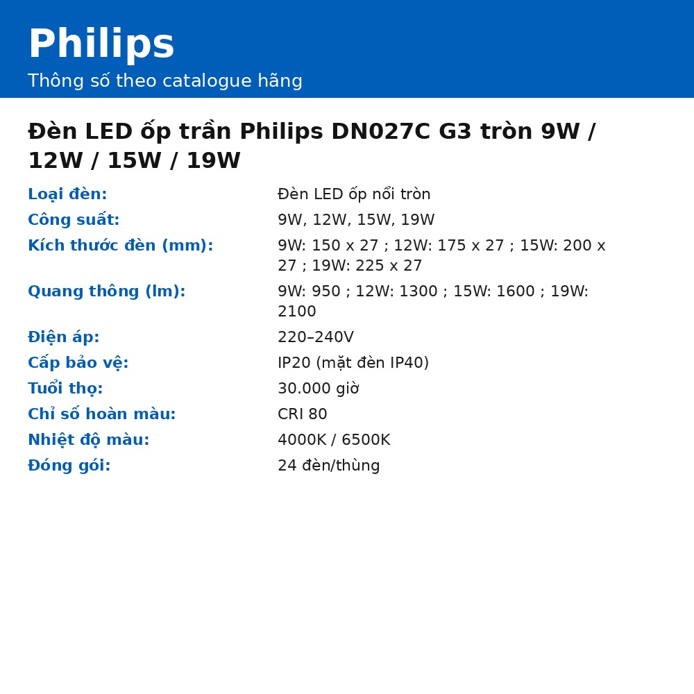 Đèn LED ốp trần Philips DN027C G3 tròn 9W / 12W / 15W / 19W chính hãng