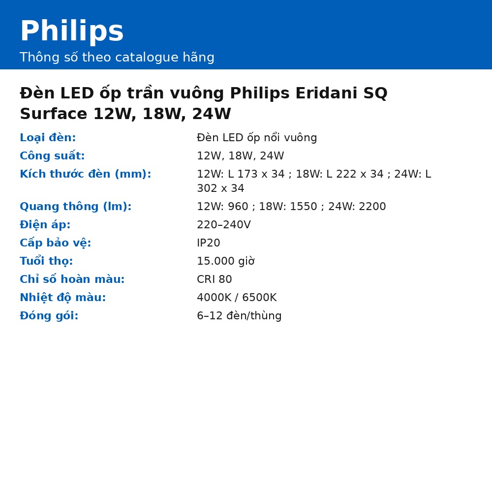 Đèn LED ốp trần vuông Philips Eridani SQ Surface 12W, 18W, 24W chính hãng