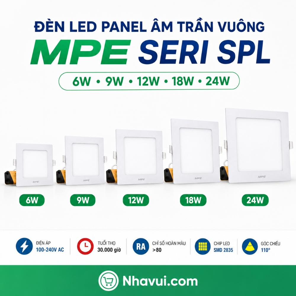 Đèn LED Panel âm trần vuông MPE Seri SPL 6W 9W 12W 18W 24W