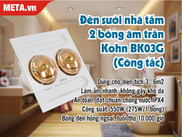 Đèn sưởi nhà tắm 2 bóng âm trần Kohn BK03G công tắc
