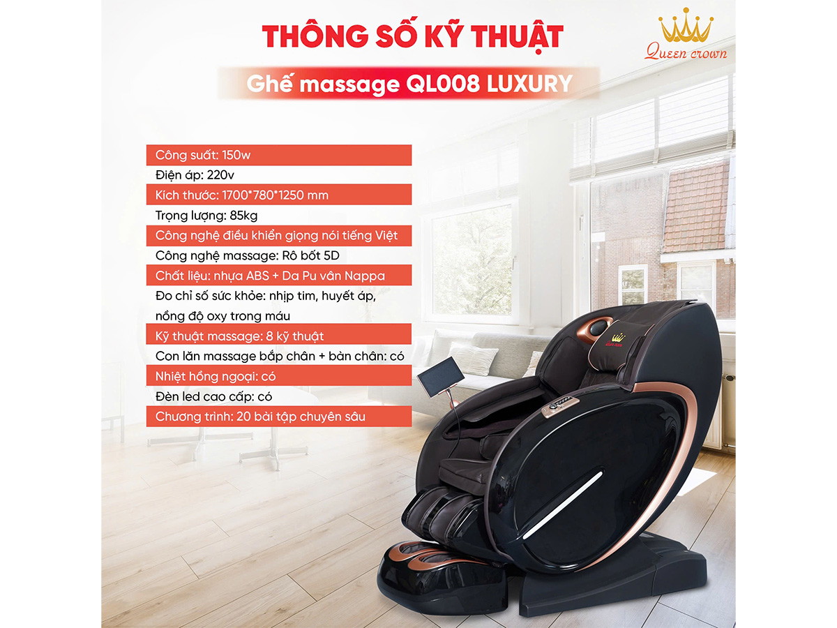 Ghế massage toàn thân Queen Crown QL008 Luxury – ray SL 145cm, túi khí, nhiệt hồng ngoại