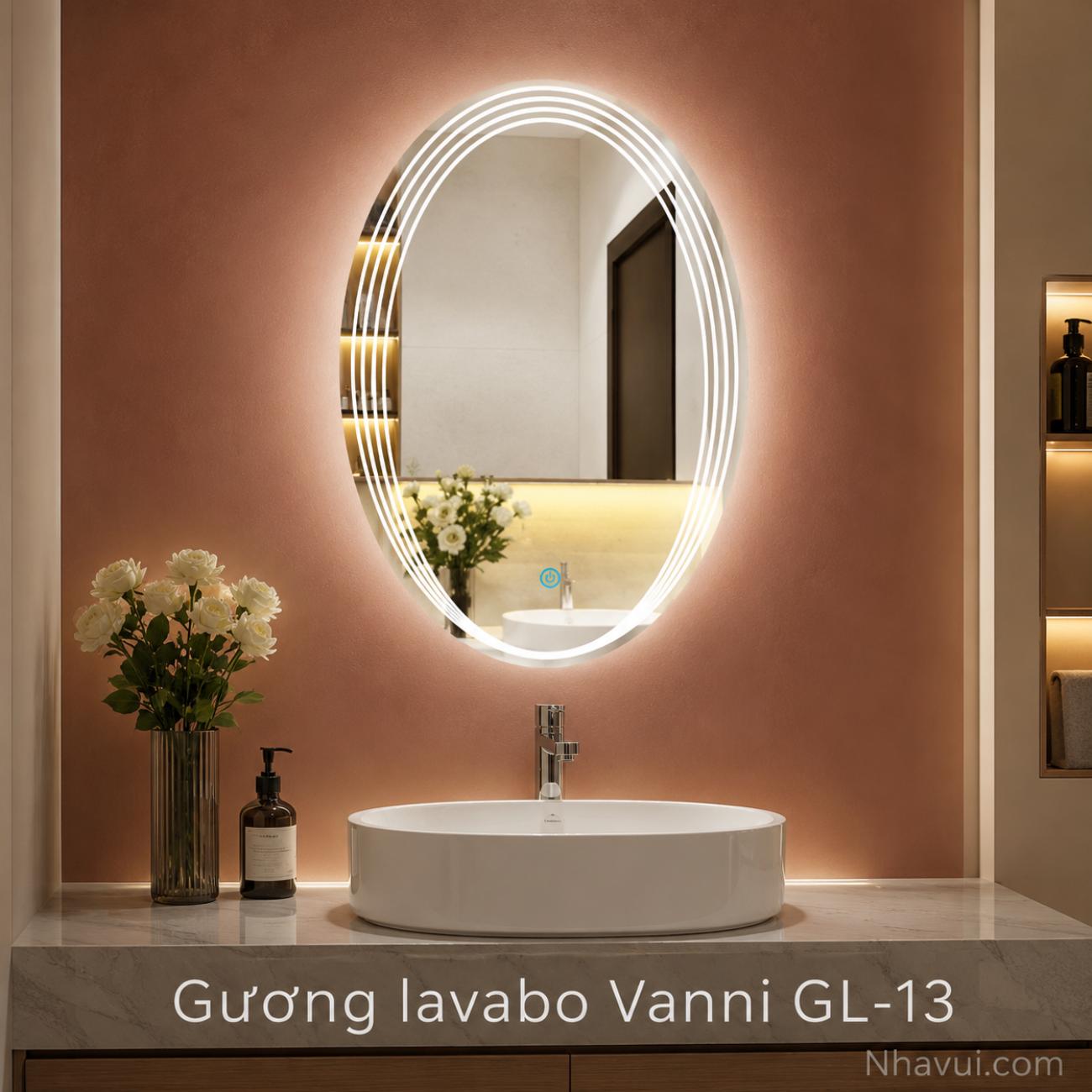 Gương lavabo LED Vanni GL-13 50x70cm hình oval sọc viền cảm ứng