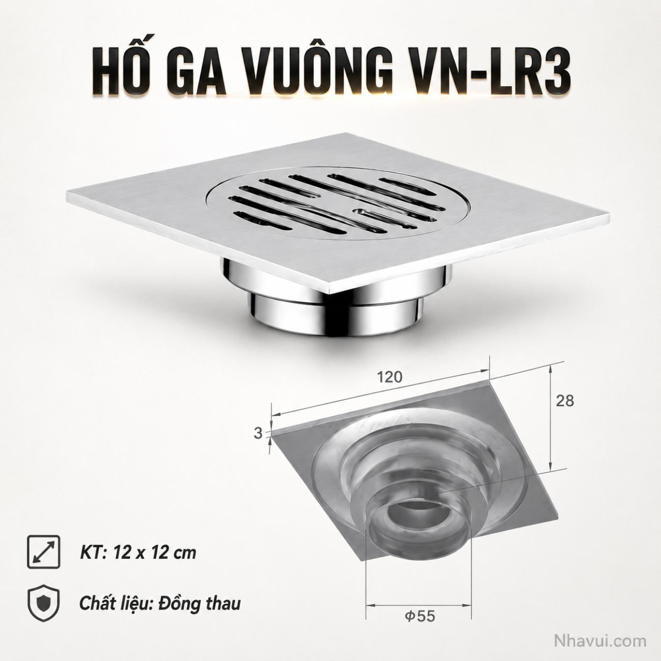 Hố ga vuông Vanni VN-LR3 đồng thau crome 12x12cm