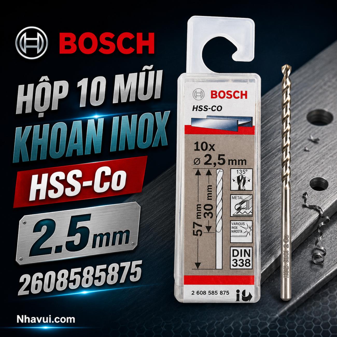 Hộp 10 mũi khoan inox Bosch HSS-Co 2.5x30x57mm 2608585875