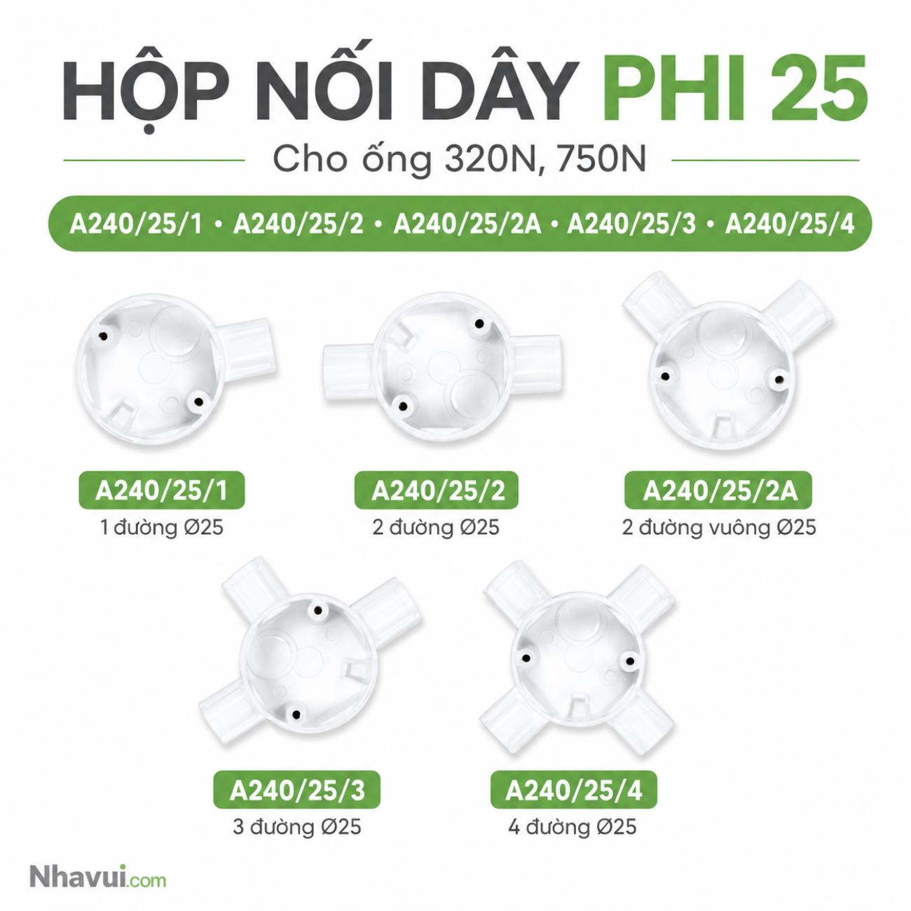 Hộp nối dây phi 25 MPE A240 cho ống luồn điện 320N, 750N nhiều kiểu đường nối