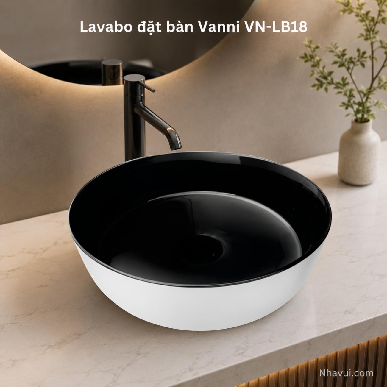 Lavabo đặt bàn tròn Vanni VN-LB18 trắng đen kích thước 360 x 360 x 120mm