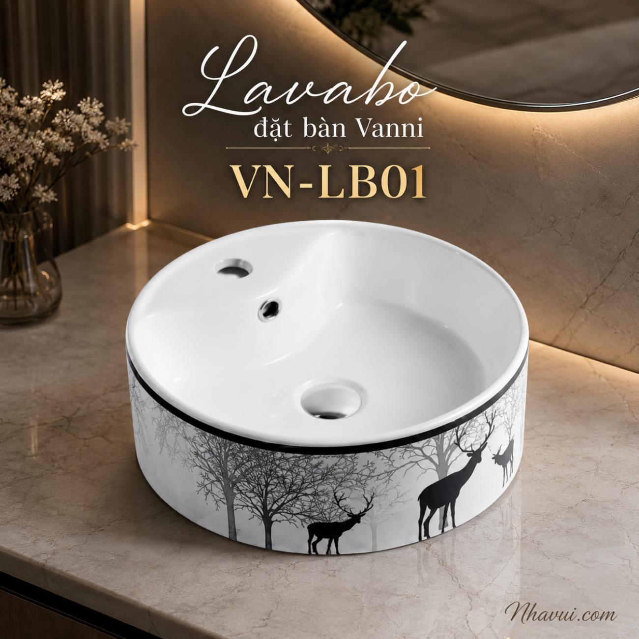 Lavabo đặt bàn Vanni VN-LB01 tròn họa tiết hươu đen 400 x 400 x 150mm