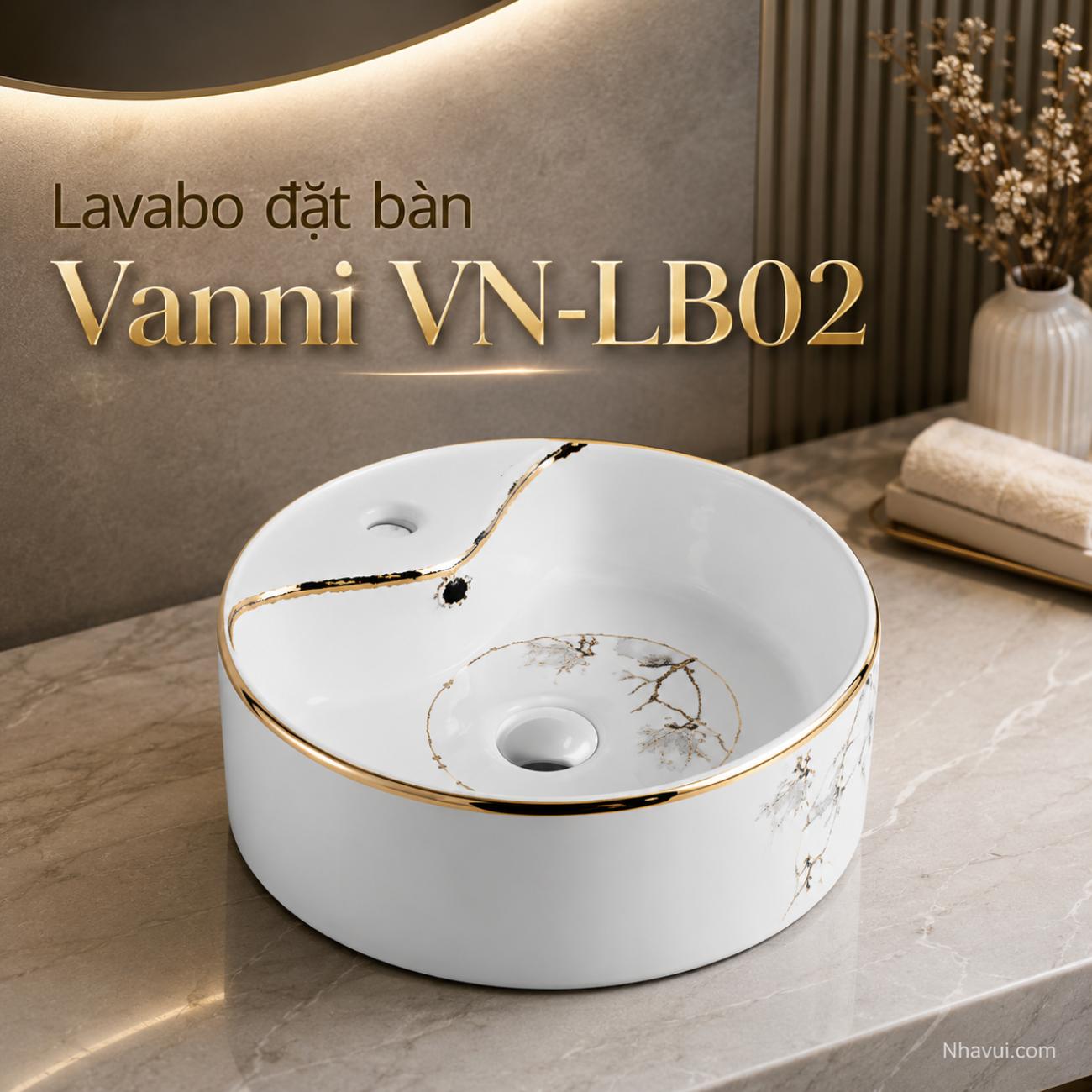 Lavabo đặt bàn Vanni VN-LB02 tròn vân đá viền vàng 400 x 400 x 150mm