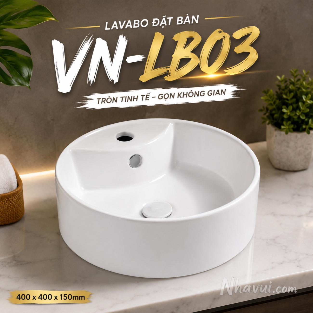 Lavabo đặt bàn Vanni VN-LB03 tròn trắng 400 x 400 x 150mm