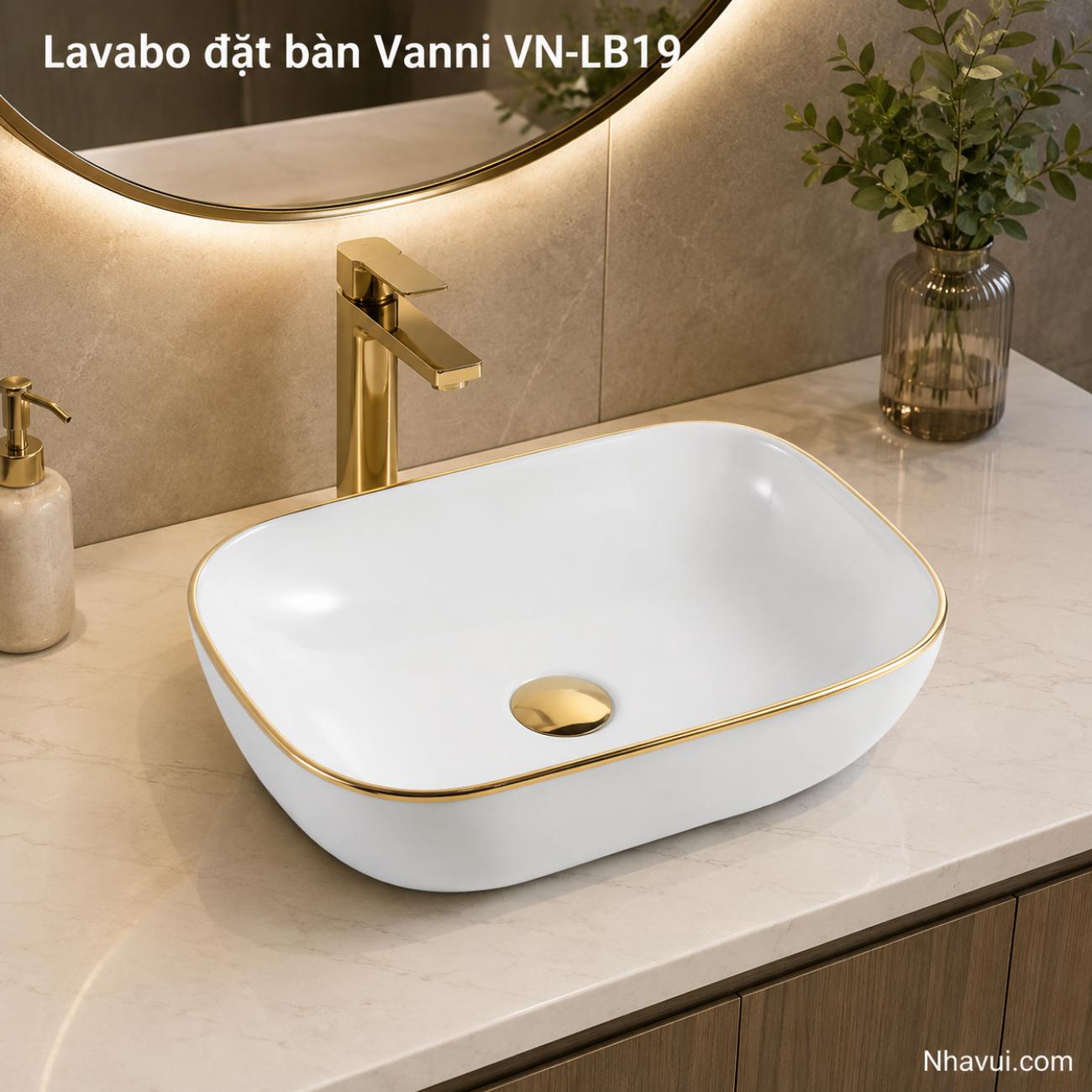Lavabo đặt bàn Vanni VN-LB19 viền vàng kích thước 465 x 320 x 135mm