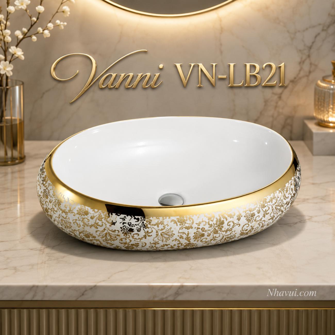 Lavabo đặt bàn Vanni VN-LB21 oval họa tiết vàng 600 x 400 x 155mm