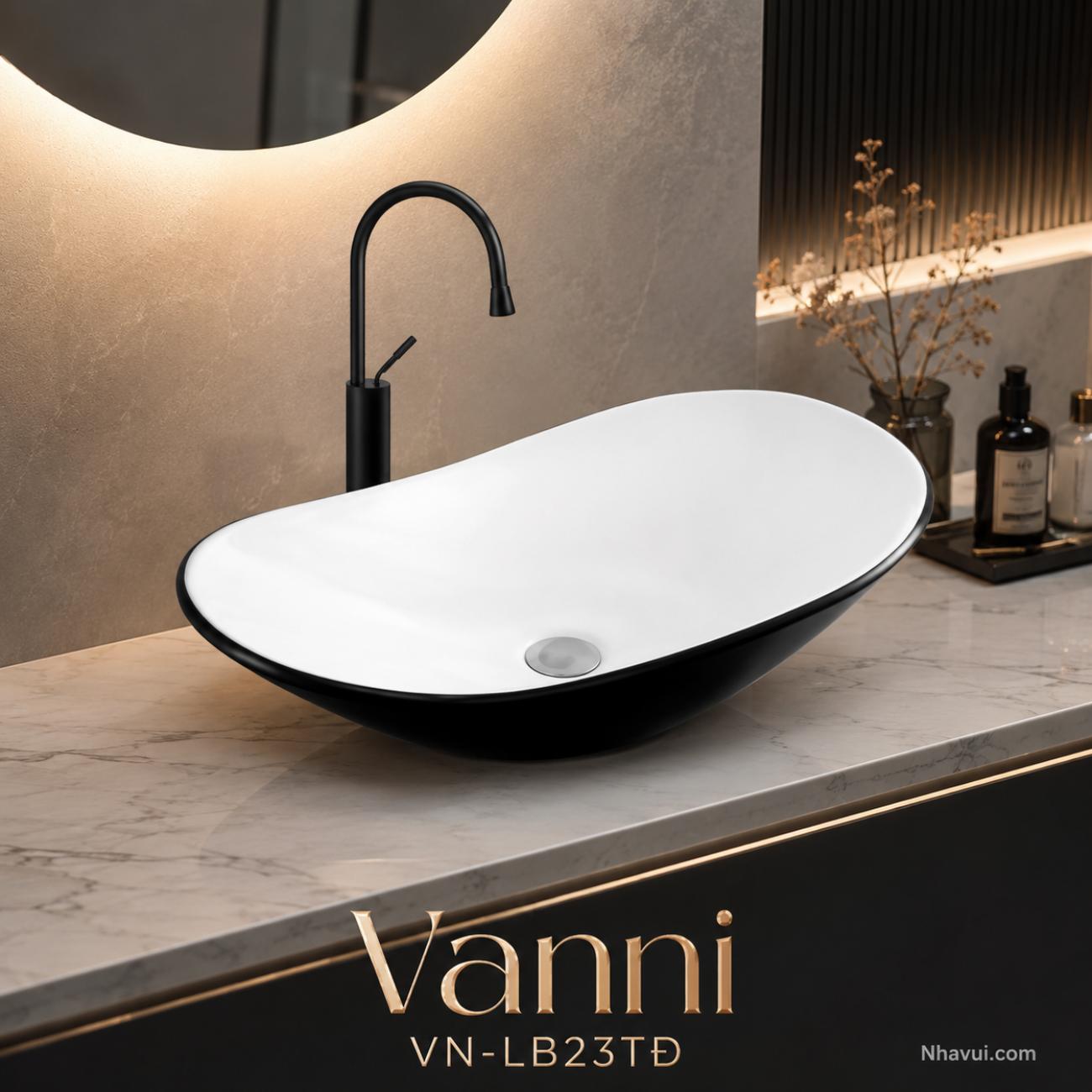 Lavabo đặt bàn Vanni VN-LB23TĐ dáng thuyền trắng đen 600 x 360 x 150mm