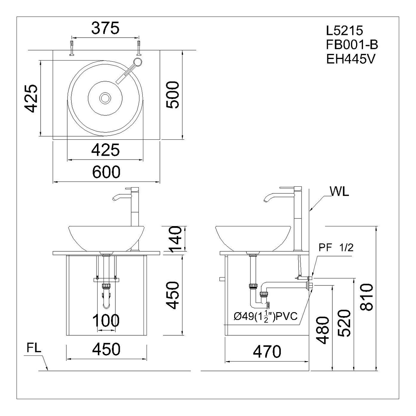 Lavabo đặt trên bàn Caesar L5215 – 425 x 425 x 165 mm chính hãng, bảo hành 24 tháng