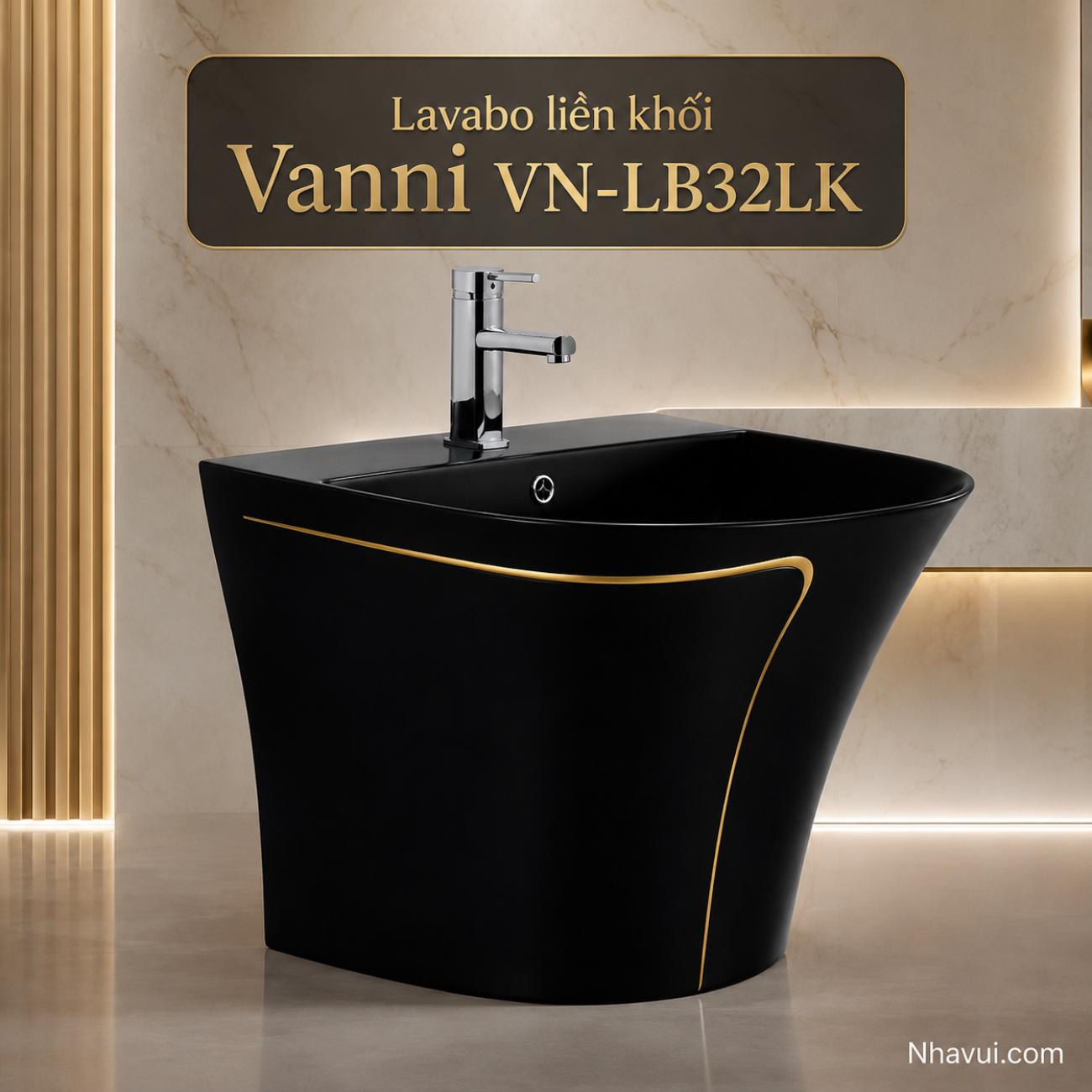 Lavabo liền khối Vanni VN-LB32LK màu đen viền vàng 500 x 450 x 390mm