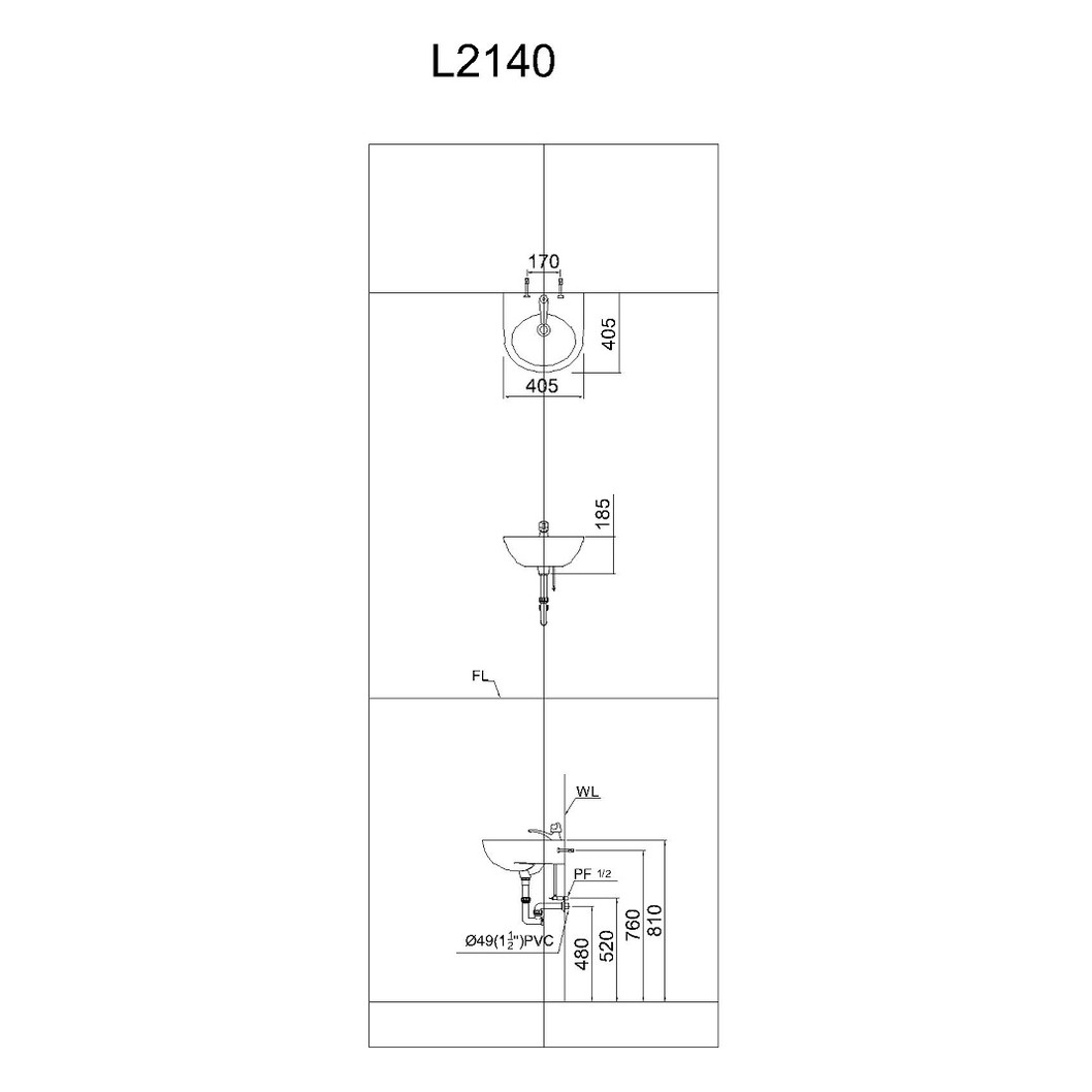 Lavabo treo tường Caesar L2140 – 405 x 405 x 185mm chính hãng, bảo hành 24 tháng