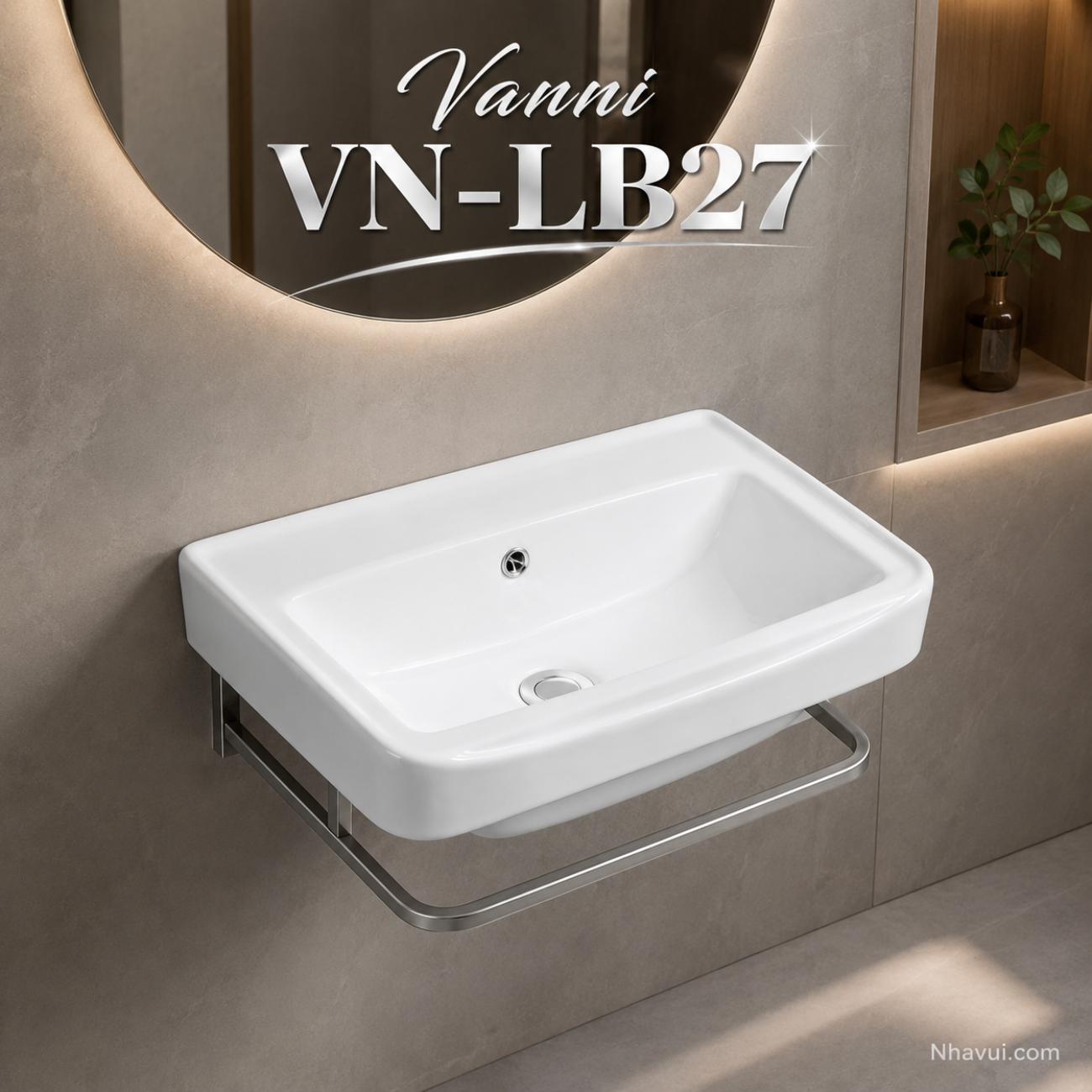 Lavabo treo tường Vanni VN-LB27 trắng chân inox 304 520 x 320mm
