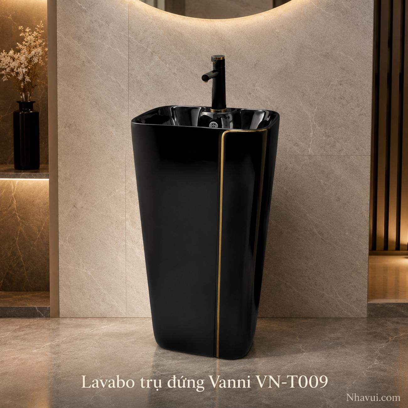Lavabo trụ đứng Vanni VN-T009 màu đen viền vàng kích thước 430 x 350 x 840mm