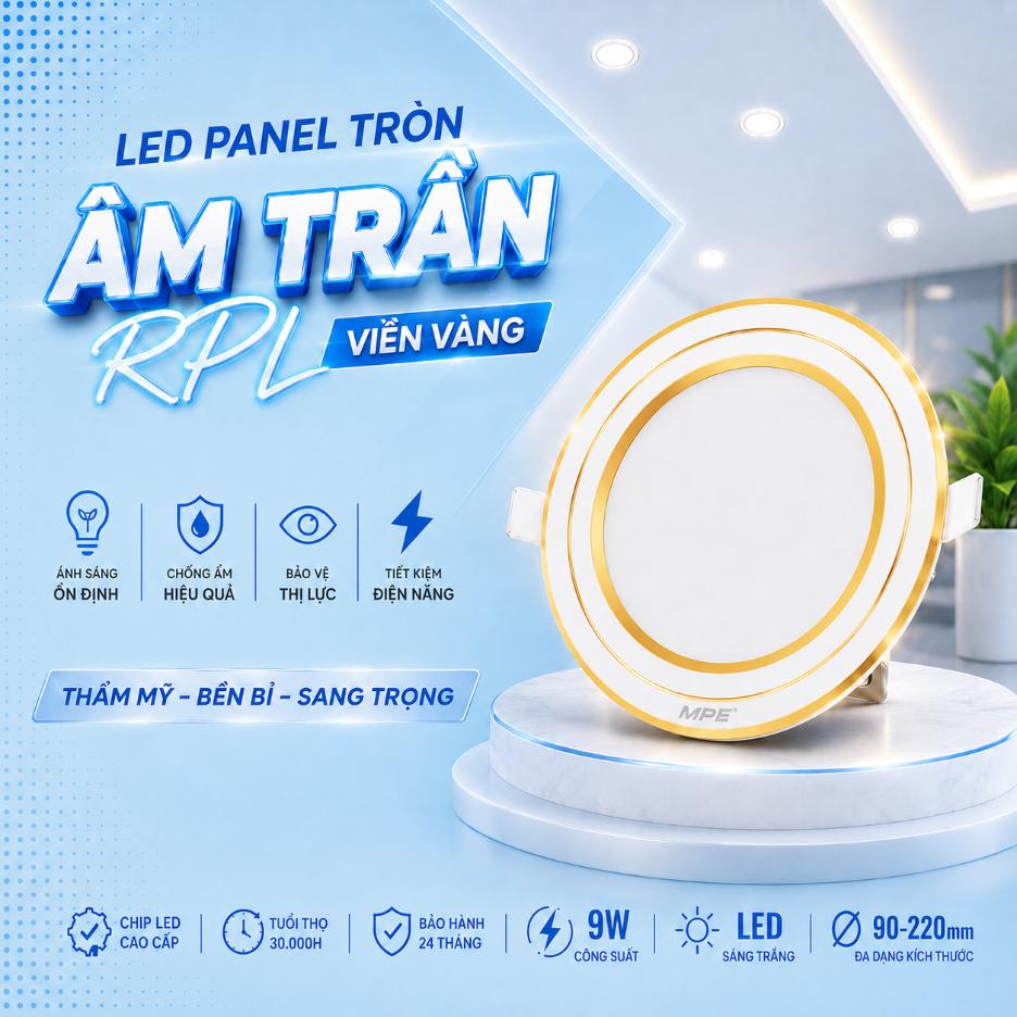 LED Panel tròn âm trần RPL viền vàng 7W–12W