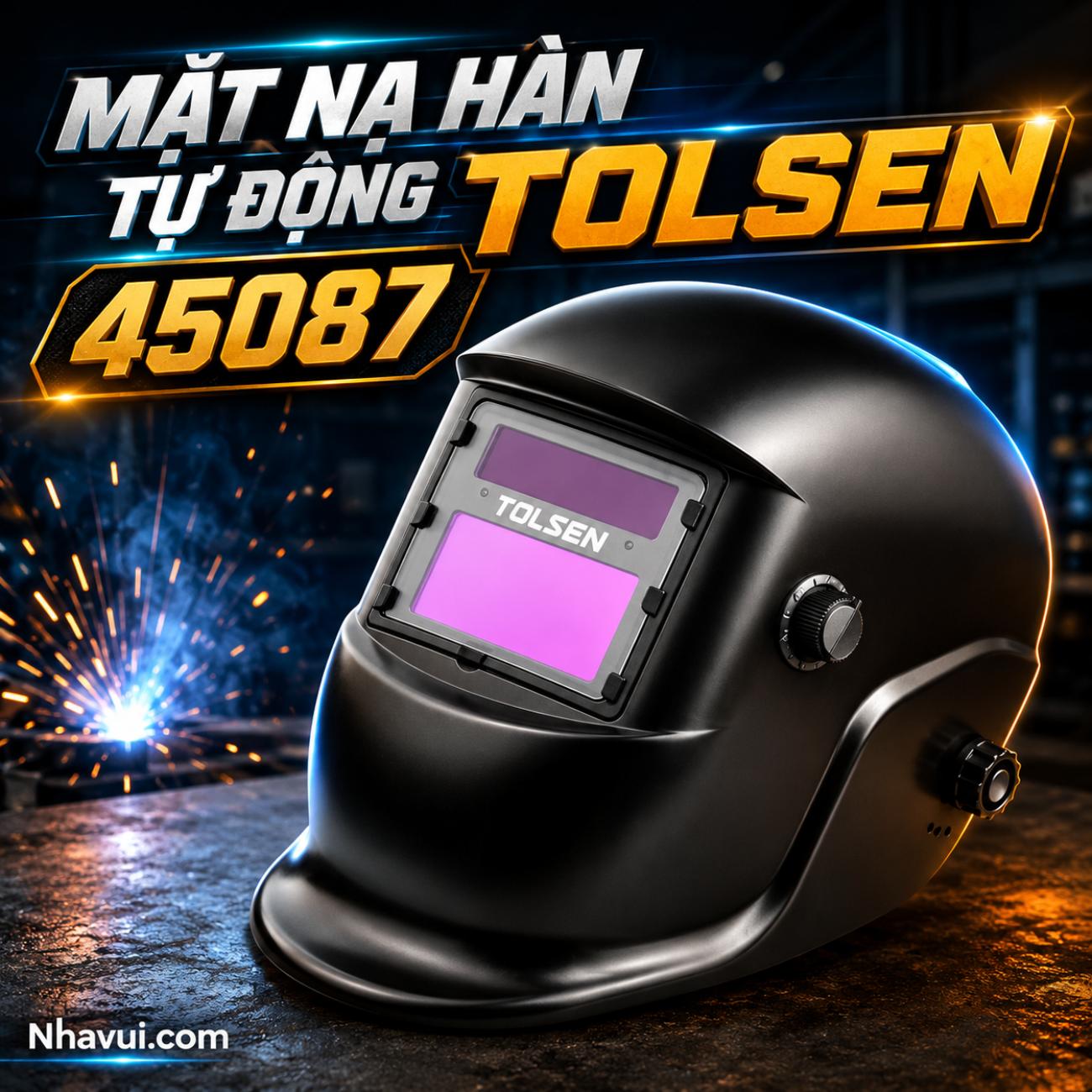 Mặt nạ hàn tự động Tolsen 45087 độ tối DIN 9–13, kính quan sát 92 × 42mm