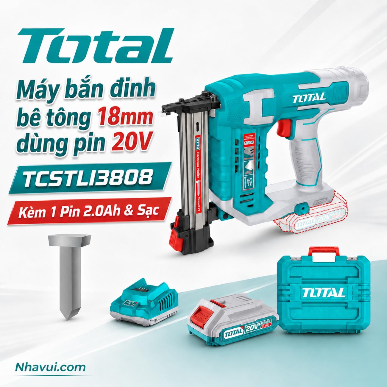 Máy bắn đinh bê tông 18mm dùng pin 20V Total TCSTLI3808 kèm 1 pin 2.0Ah và sạc