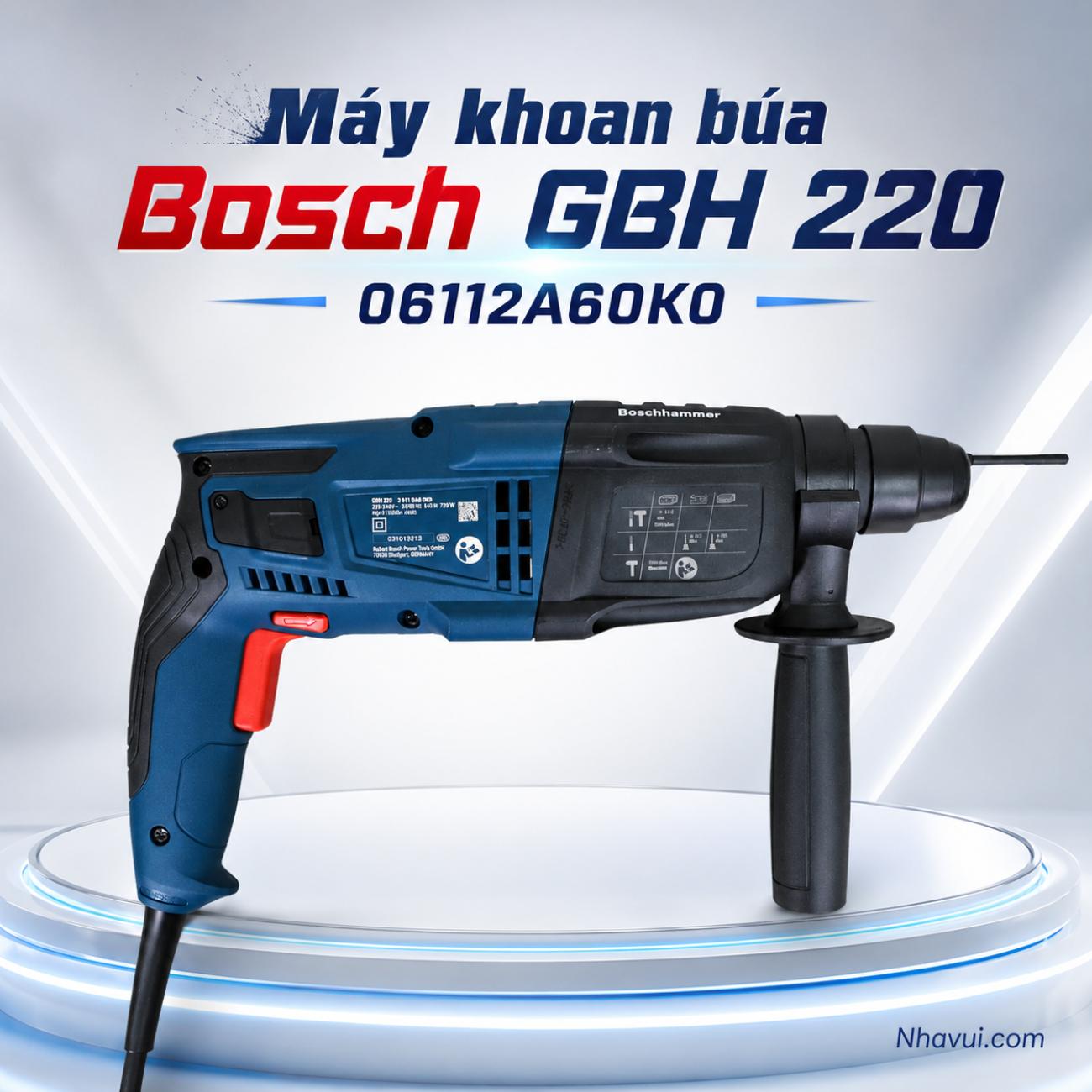 Máy khoan búa Bosch GBH 220 720W lực đập 2J đầu gài SDS Plus 06112A60K0
