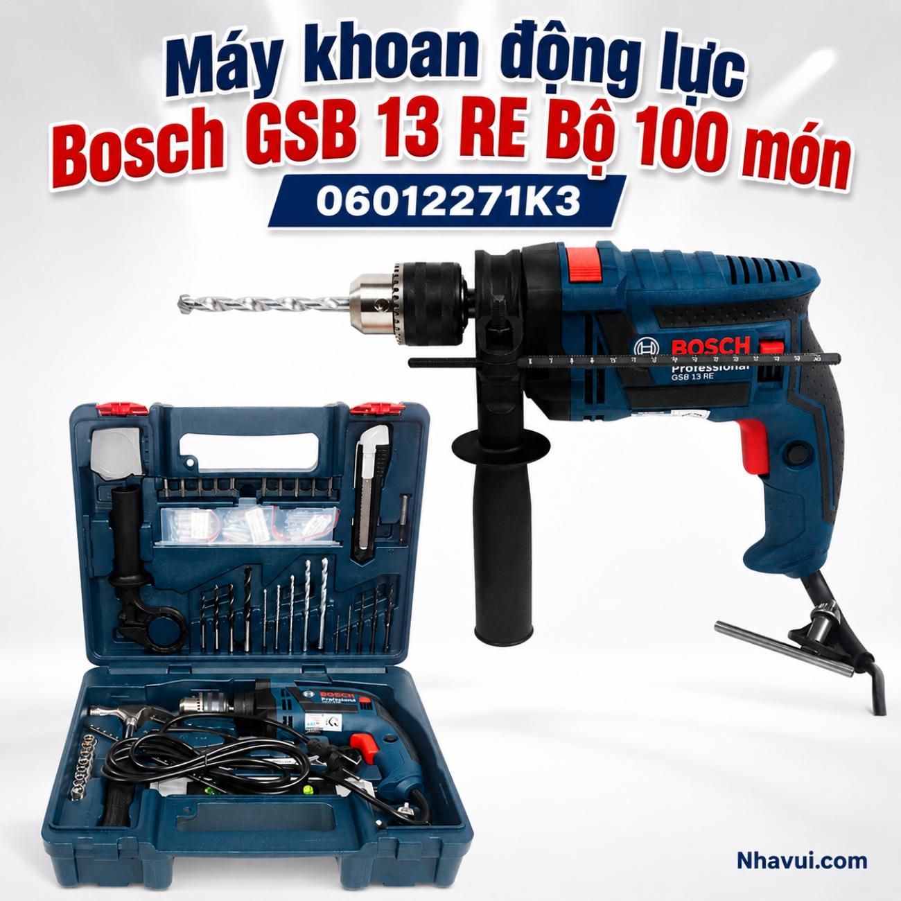 Máy khoan động lực Bosch GSB 13 RE 600W bộ vali 100 món phụ kiện 06012271K3