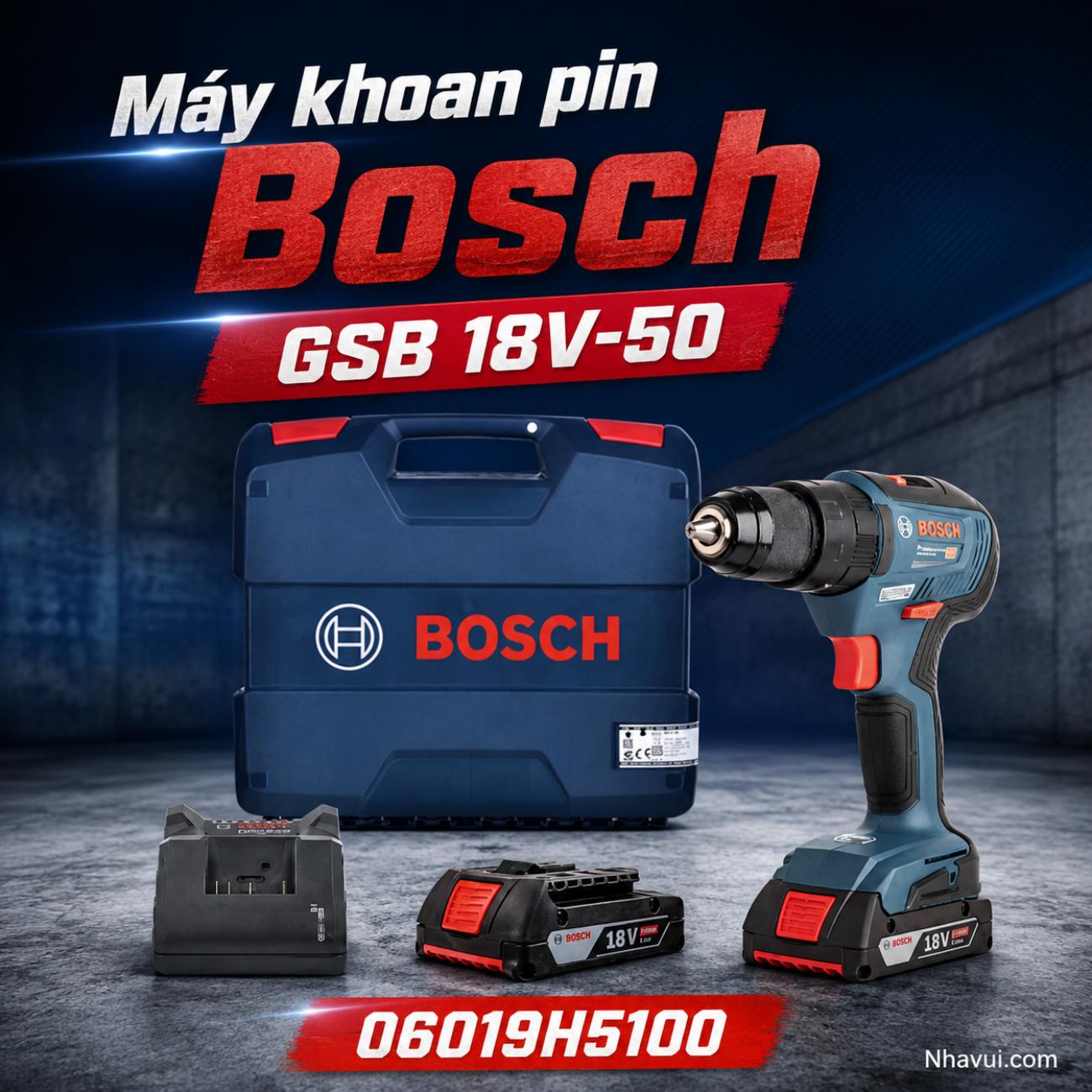 Máy khoan động lực dùng pin 18V Bosch GSB 18V-50 06019H5100 kèm 2 pin và 1 sạc