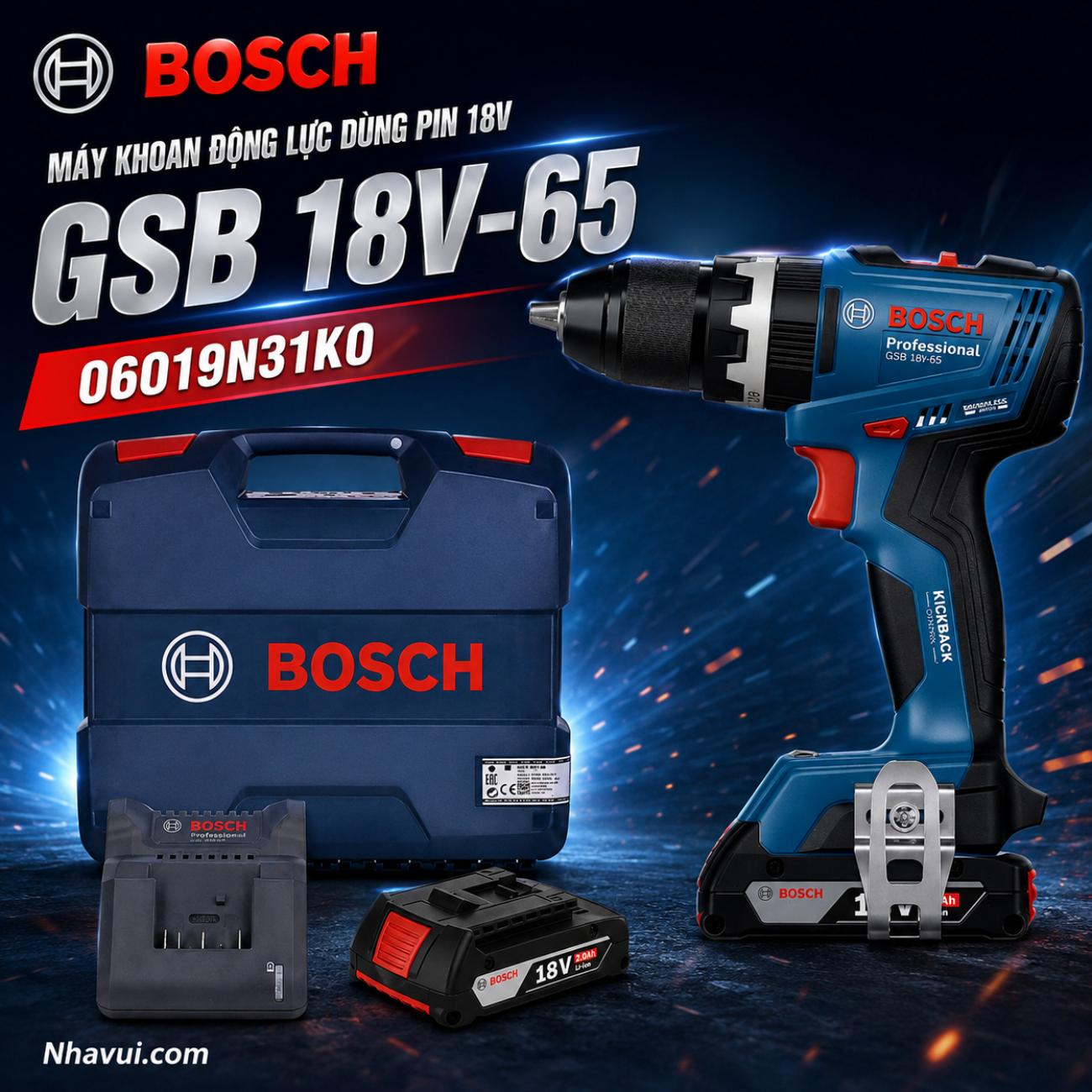 Máy khoan động lực dùng pin 18V Bosch GSB 18V-65 06019N31K0 kèm 2 pin và 1 sạc