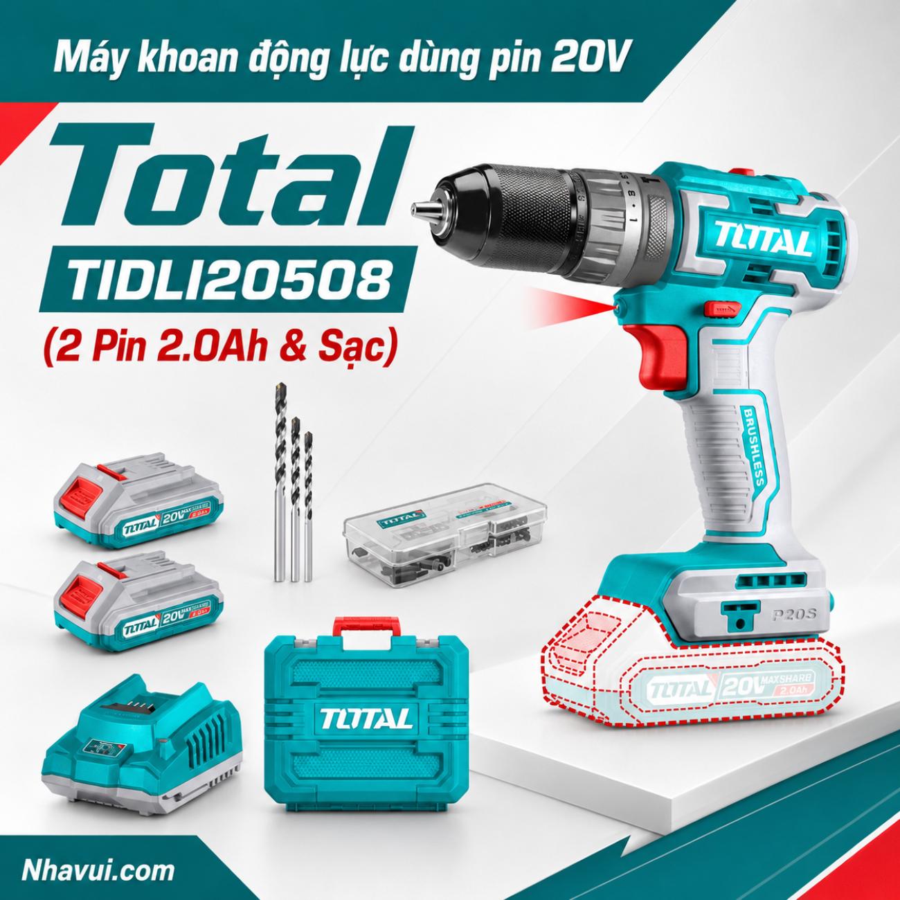 Máy khoan động lực dùng pin 20V Total TIDLI20508 (2 Pin 2.0Ah & Sạc)