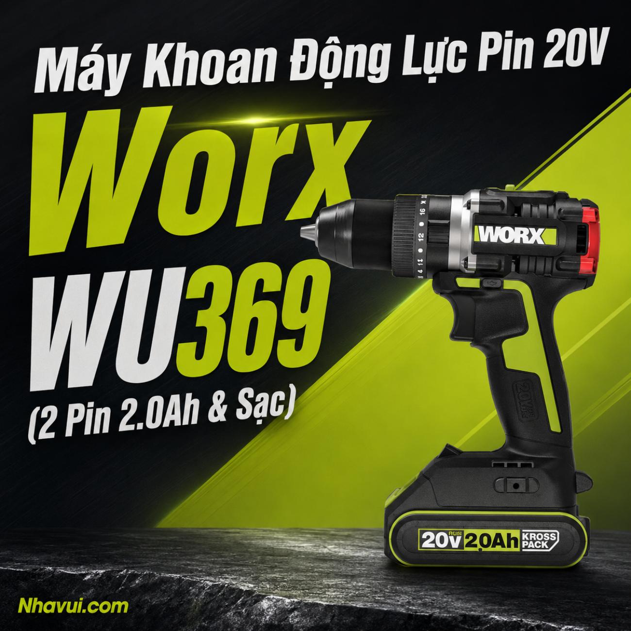 Máy Khoan Động Lực Pin 20V Worx WU369 (2 Pin 2.0Ah & Sạc)