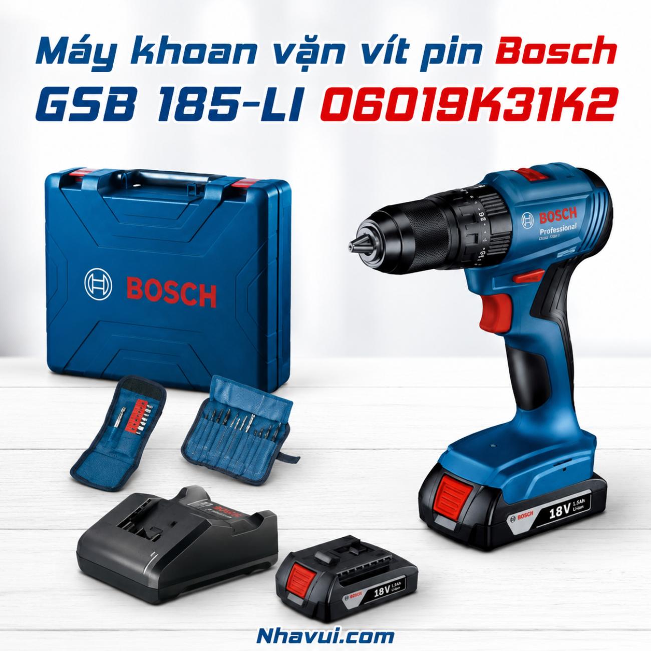 Máy khoan vặn vít động lực pin Bosch GSB 185-LI 18V mô-men xoắn 50Nm kèm 2 pin và phụ kiện  06019K31K2