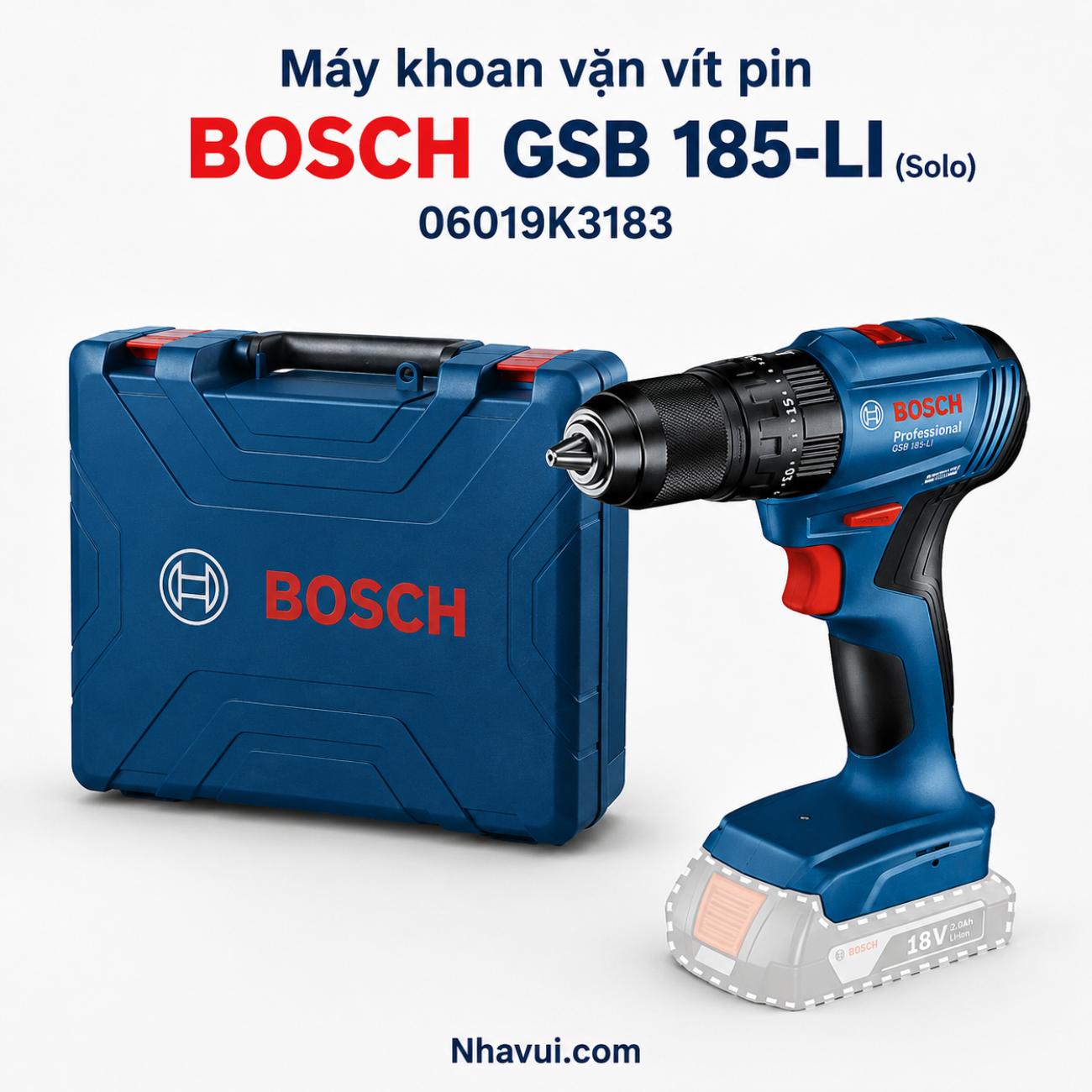 Máy khoan vặn vít động lực pin Bosch GSB 185-LI 18V mô-men xoắn 50Nm SOLO 06019K3183
