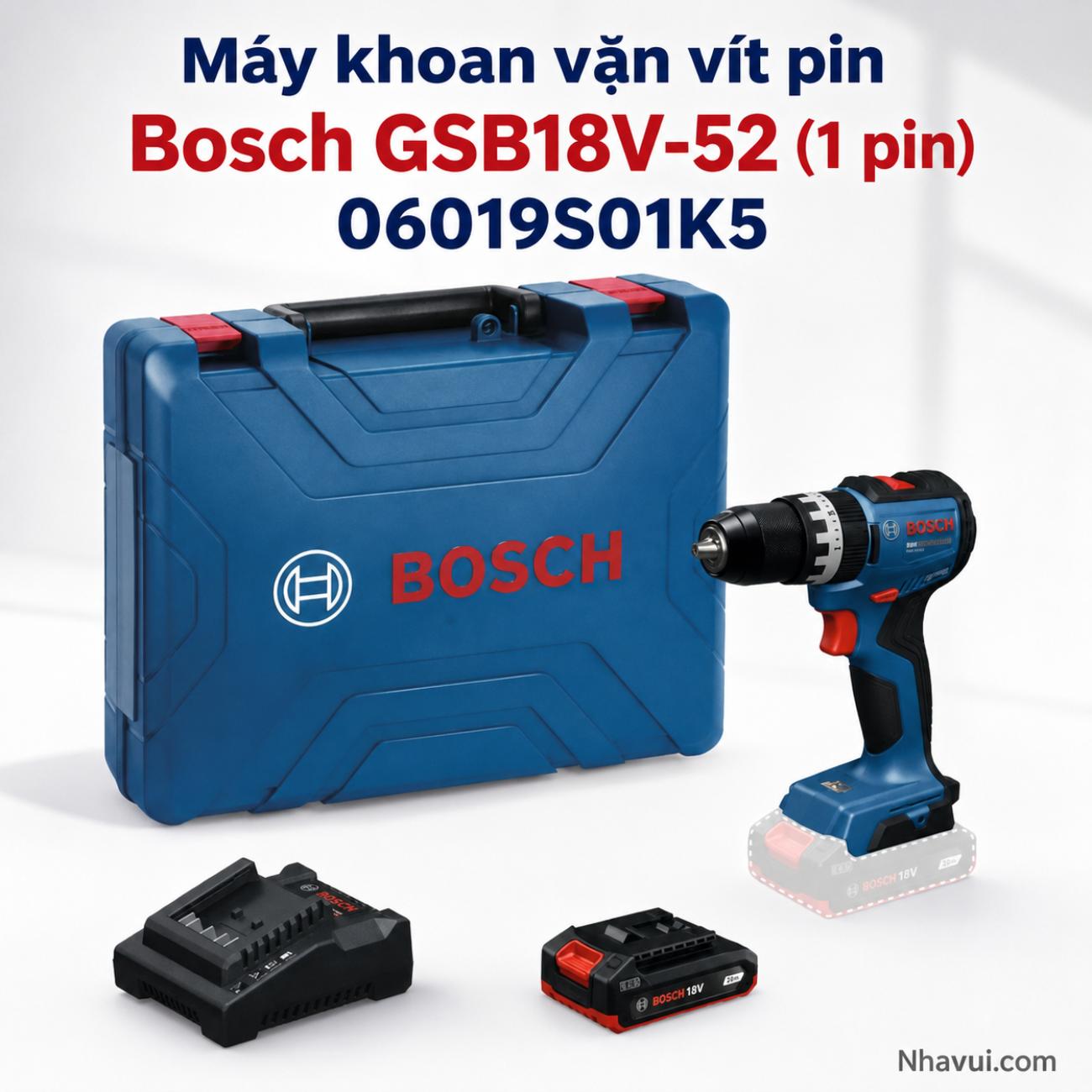 Máy khoan vặn vít động lực pin Bosch GSB 18V-52 18V mô-men xoắn 52Nm kèm 1 pin  06019S01K5