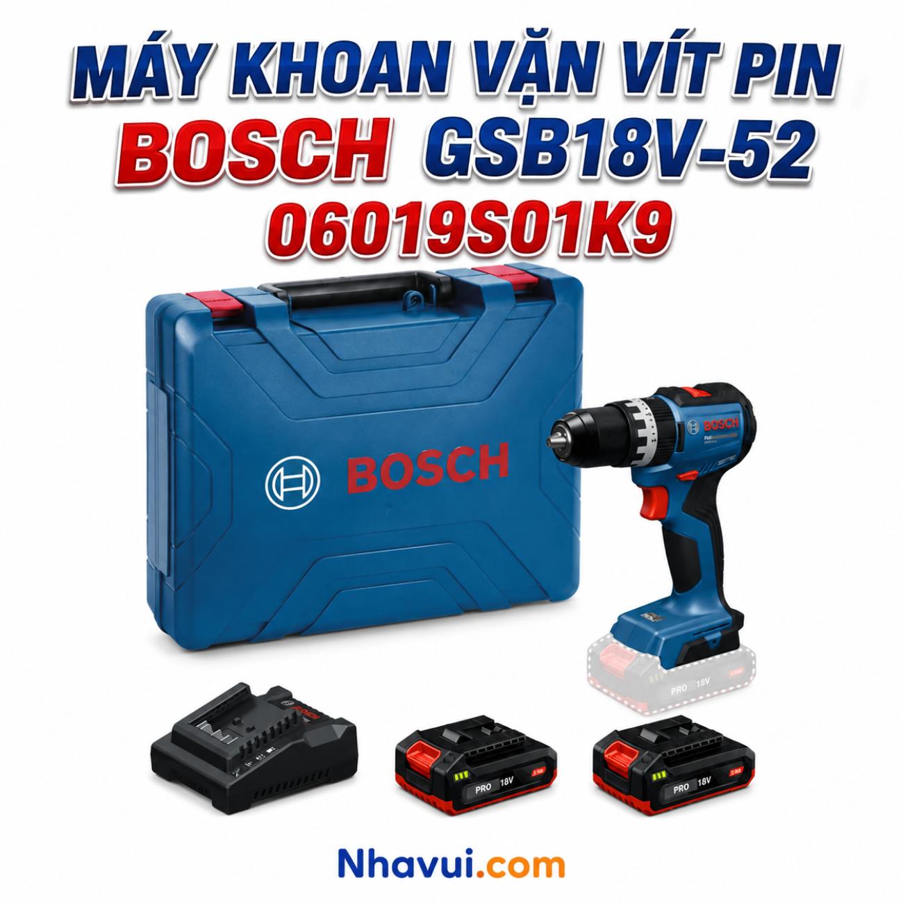 Máy khoan vặn vít động lực pin Bosch GSB 18V-52 18V mô-men xoắn 52Nm kèm 2 pin 06019S01K9
